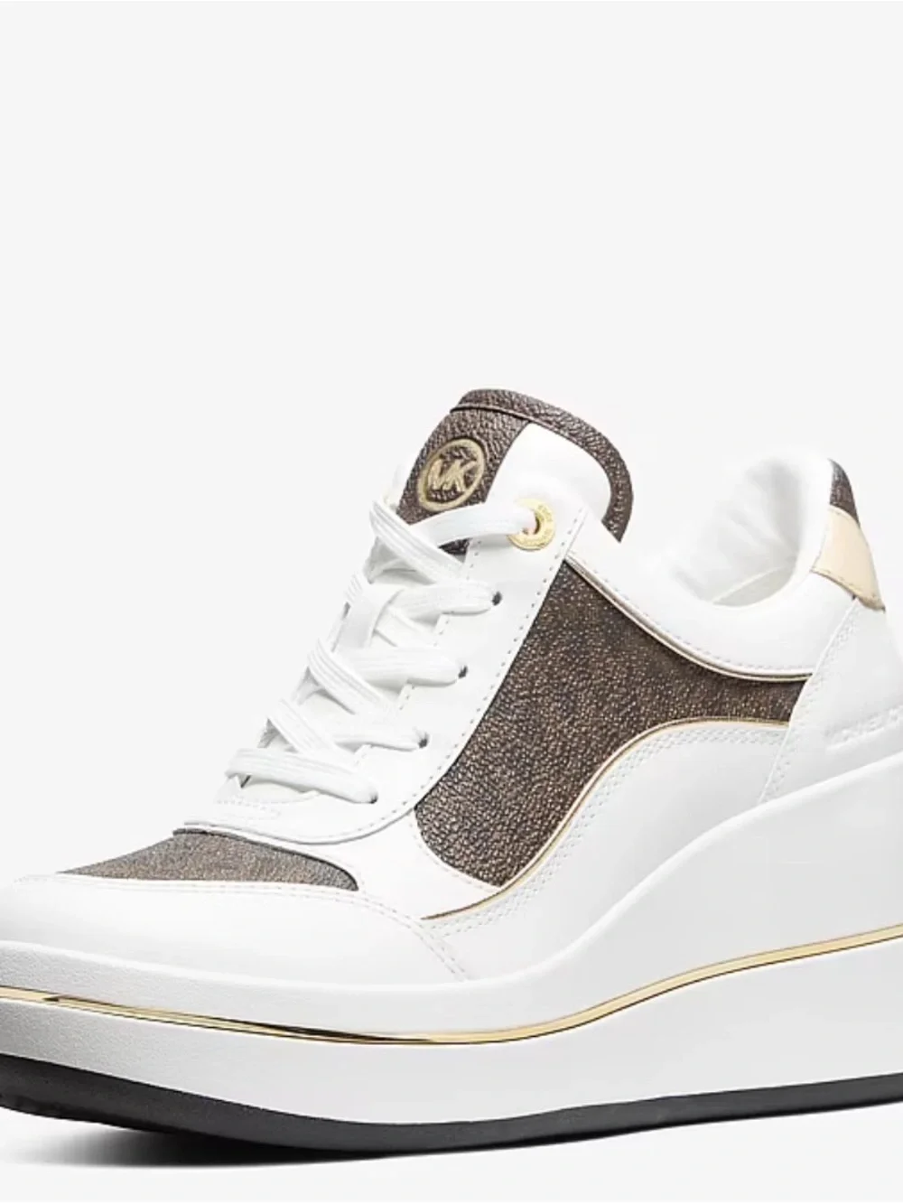 Michael Kors Size 8 Brown Emmy Signature Logo Leather Wedge Trainer New In Box